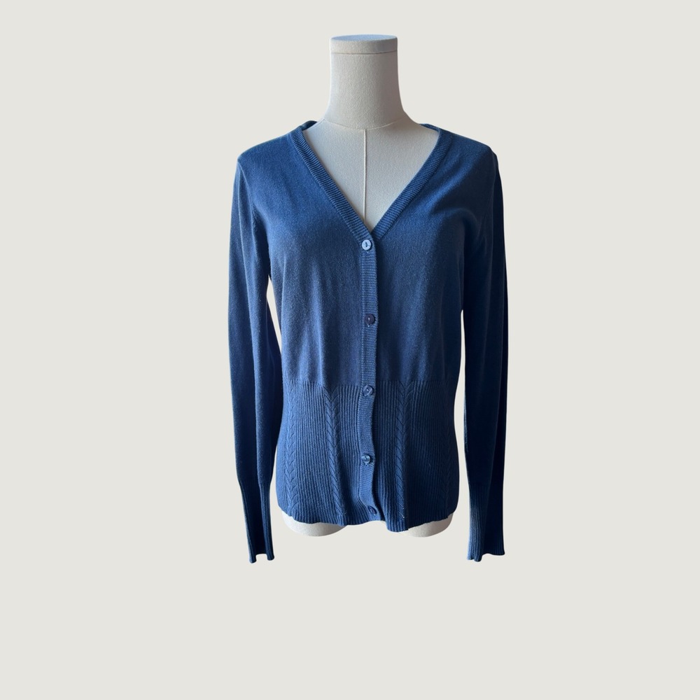 Joseph A Women M Blue V-Neck Button Front Ribbed Waist Pointelle Cardigan - Picture 11 of 11
